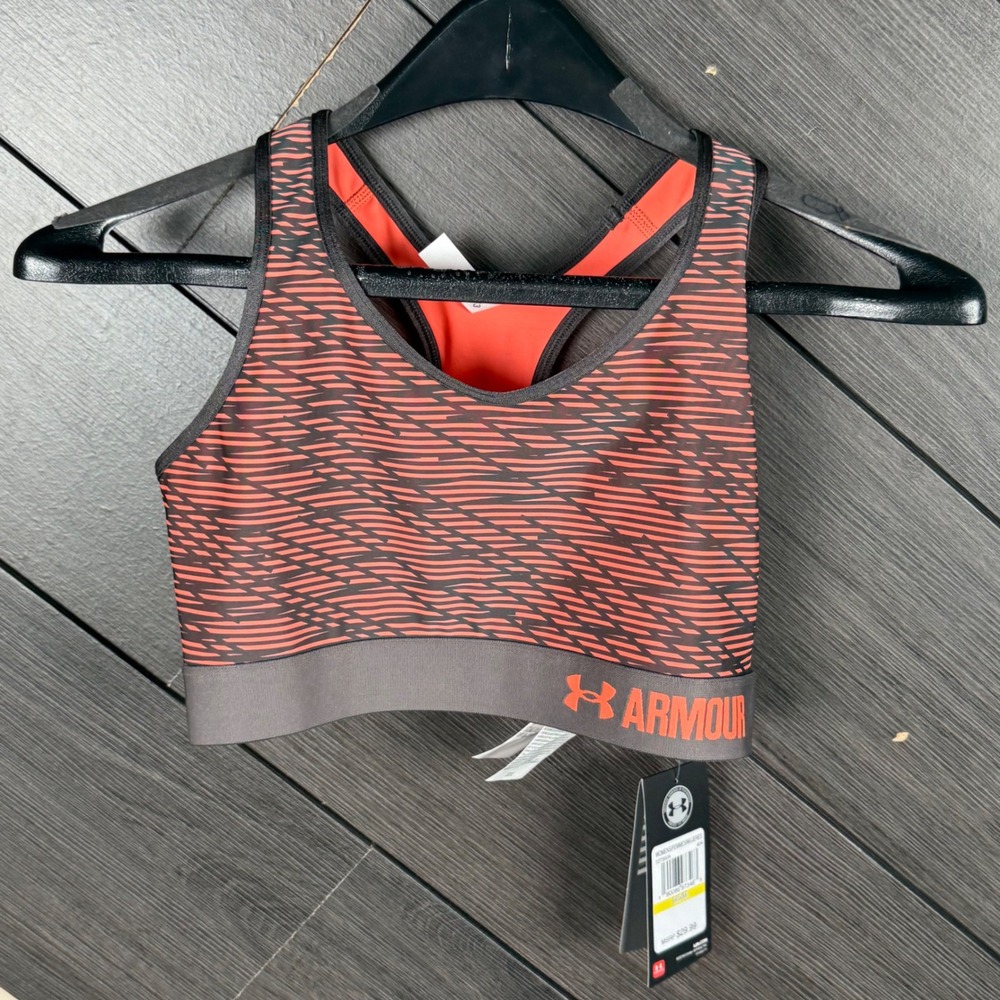 Under Armour Women's Medium Armour Mid Impact Sports Bra Peach Gray Print NWT